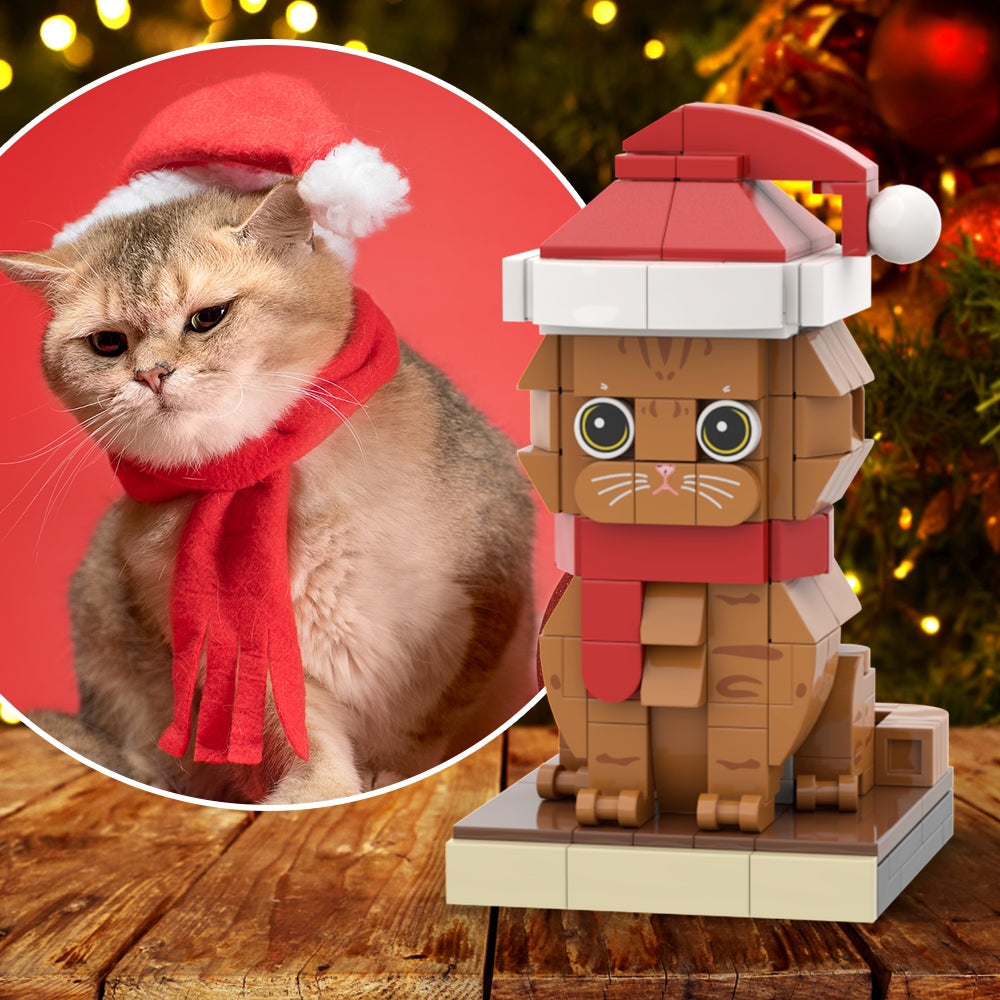 Christmas Cat With Scarf And Hat Fully Body Customizable 1 Cat LIMITED EDITION WITH CHRISTMAS ACCESSORIES Personalized X-Mas Cat Photo CustomBrick Figures Small Particle Block Customized Cat Only