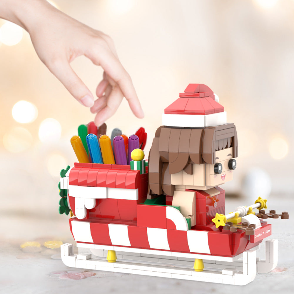 Custom Christmas Brick Figures Pen Holder Personalized Brick Figures  Pen Holder Custom Brick Figure Universal Interlocking Plastic Toy with Santa's Sleigh