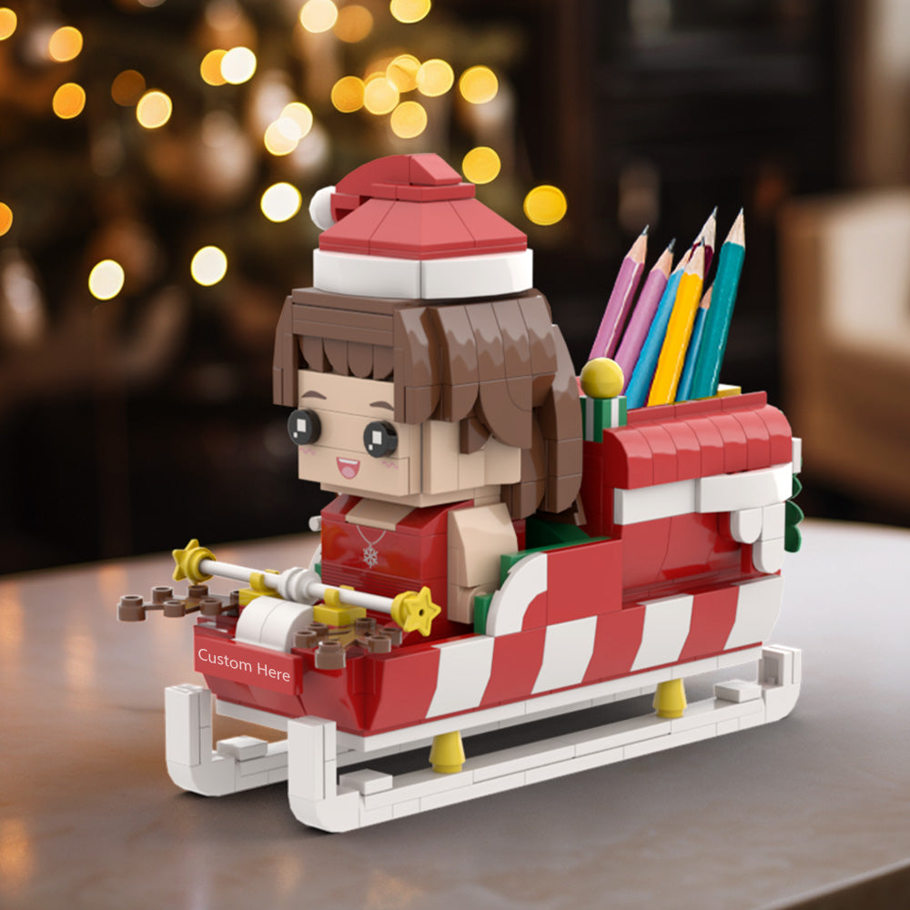 Custom Christmas Brick Figures Pen Holder Personalized Brick Figures  Pen Holder Custom Brick Figure Universal Interlocking Plastic Toy with Santa's Sleigh